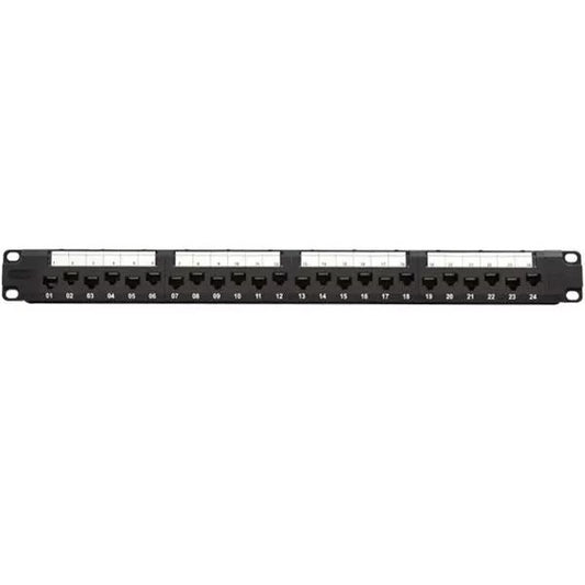 Cat6a Network 10G 24-Port Patch Panel, Staggered ports, 1U Rack Mount, Wire Management Support Bar